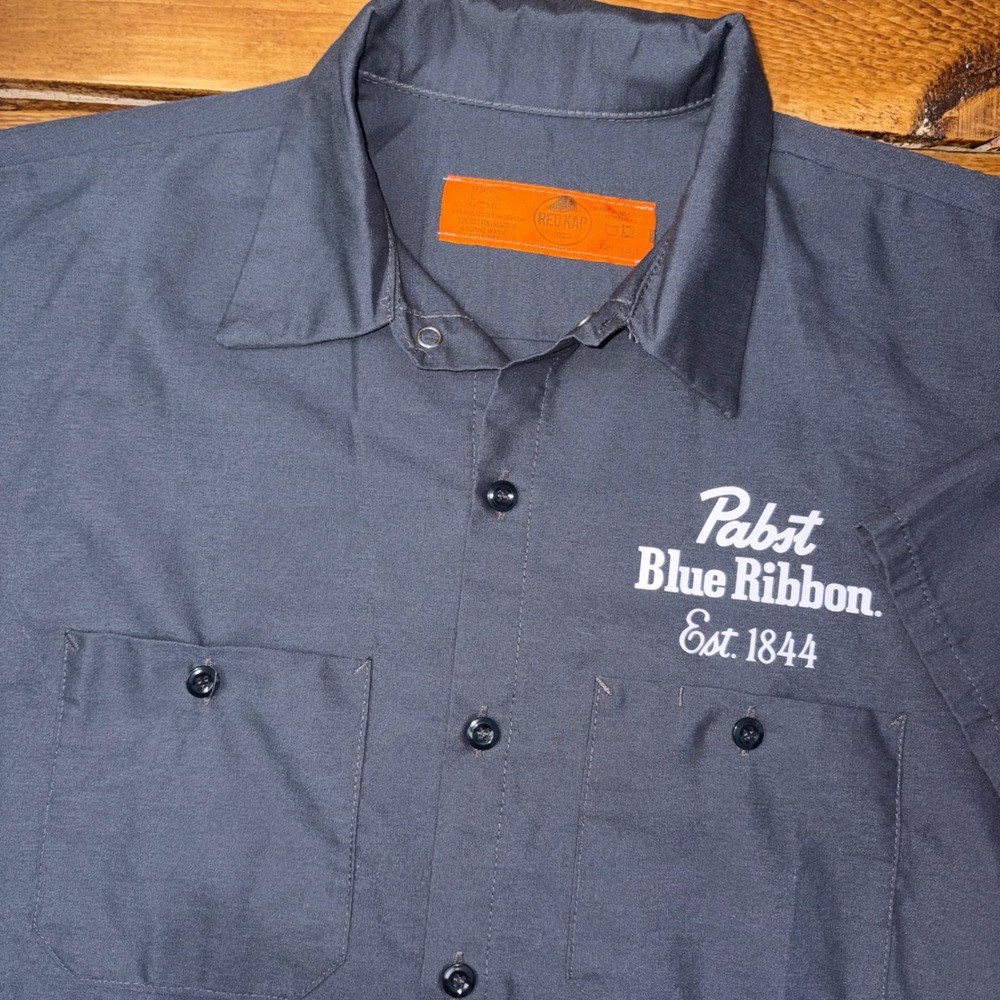 Red Kap Pabst Blue Ribbon Work Shirt Mens Large Grey Short Sleeve PBR Beer